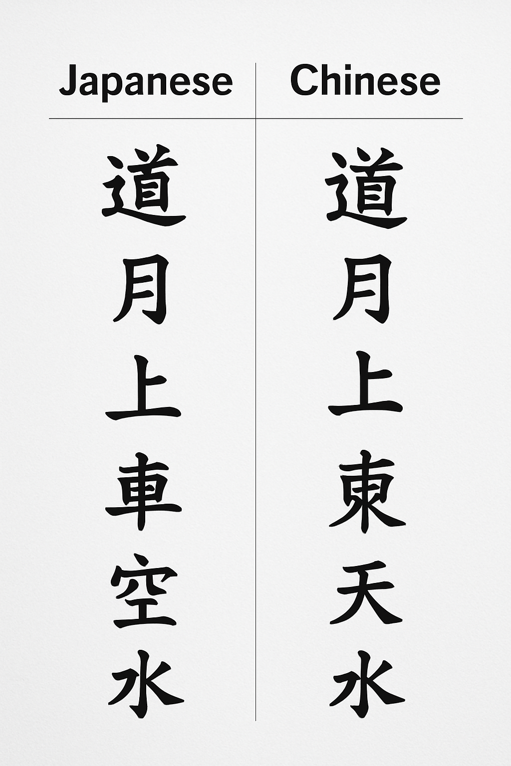 chinese japanase characters difference